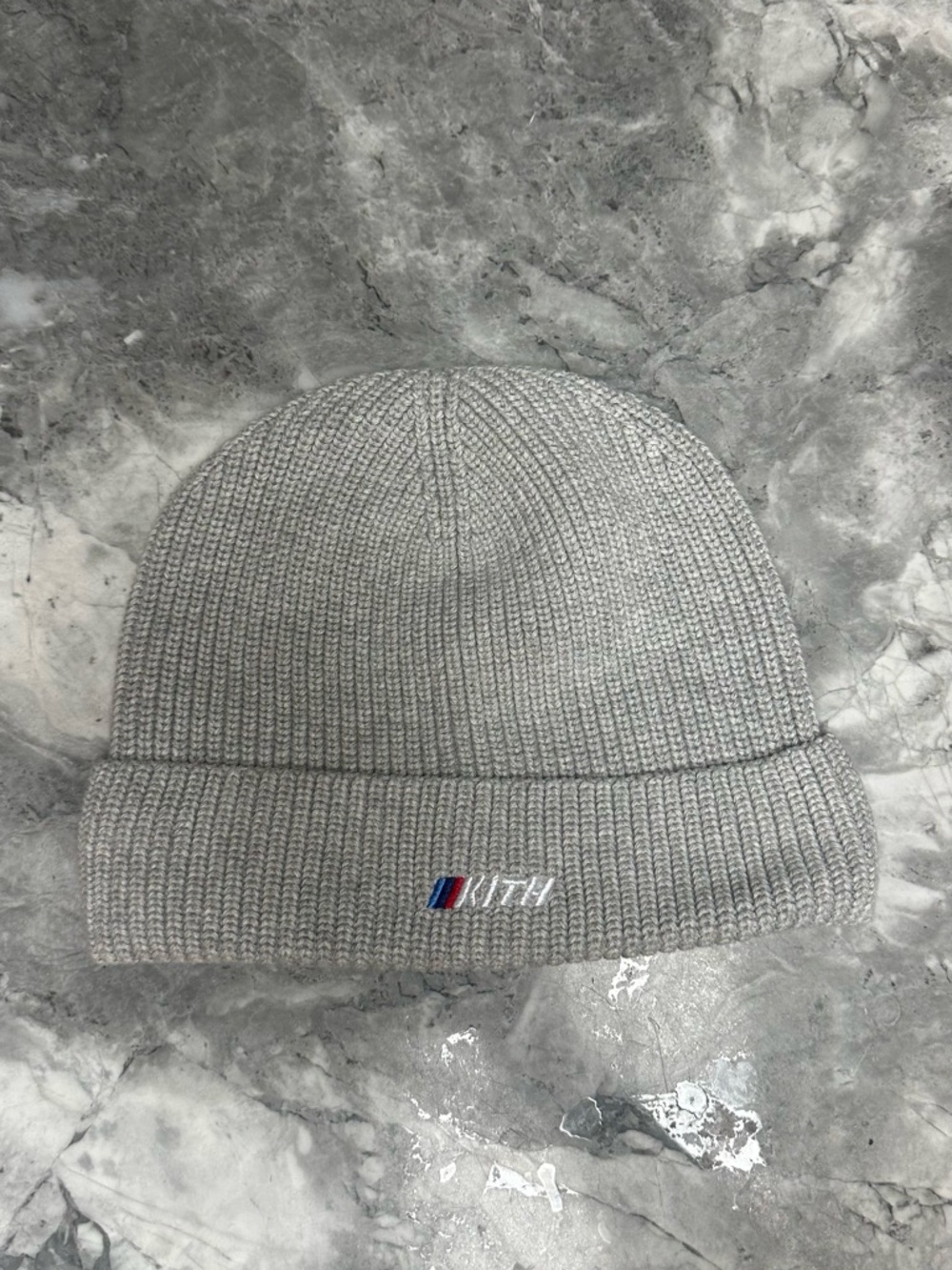 BMZ x Kith Light Gray Ribbed Cuffed Beanie with Tricolor Logo